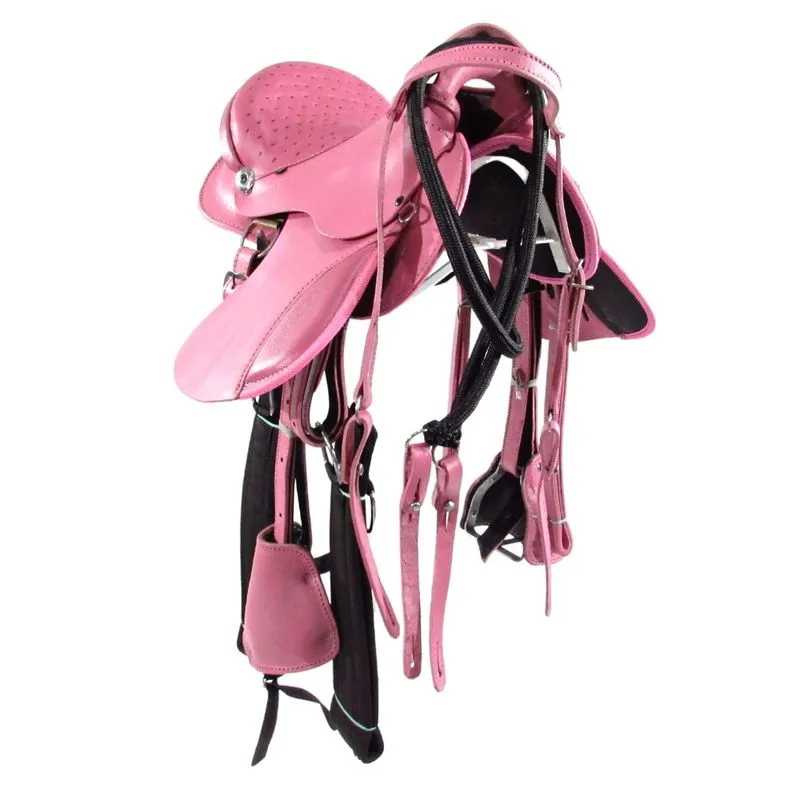 Sela de Cavalo Australiana Rosa Infantil de Aba Inox Luxo 12 Polegadas