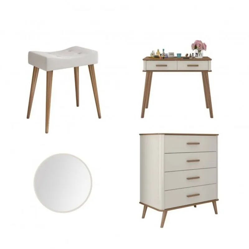 Conjunto Cômoda 4 Gavetas, Espelho Redondo, Aparador 2 Gavetas e Banqueta Maitê Fabrimóveis Freijó/Offwhite