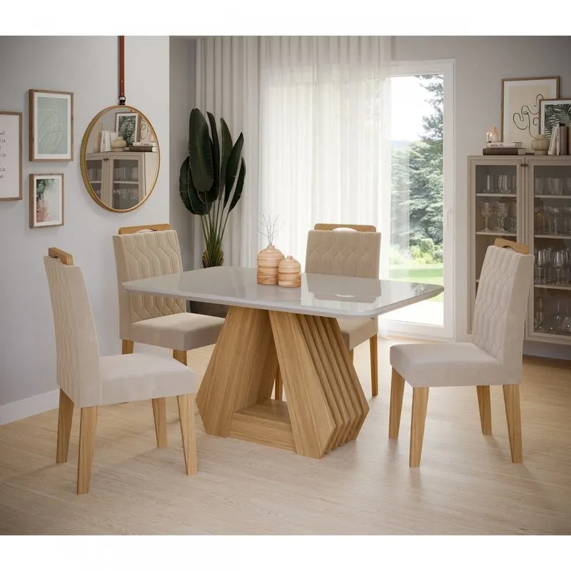 Conjunto Sala De Jantar Mesa Agata Com 4 Cadeiras Paola Tampo De Vidro Retangular Marrom/nature/off White/nude Nature/off White/nude