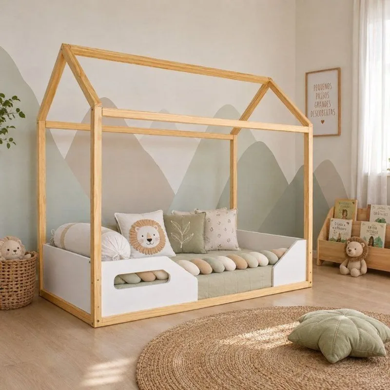 Mini Cama Infantil Montessoriana Zoe Branco/Fosco Madeira |MDF Branco Fosco/Madeira Pinus