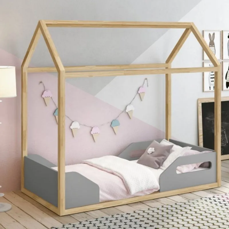 Mini Cama Montessoriana Zoe Móveis Reller Cinza Fosco/Madeira Pinus