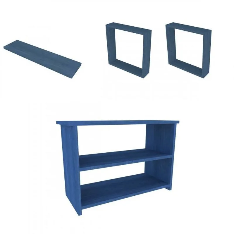 Conjunto com 1 Banco, 1 Prateleira e 2 Nichos Pullen Bramov Móveis Azul