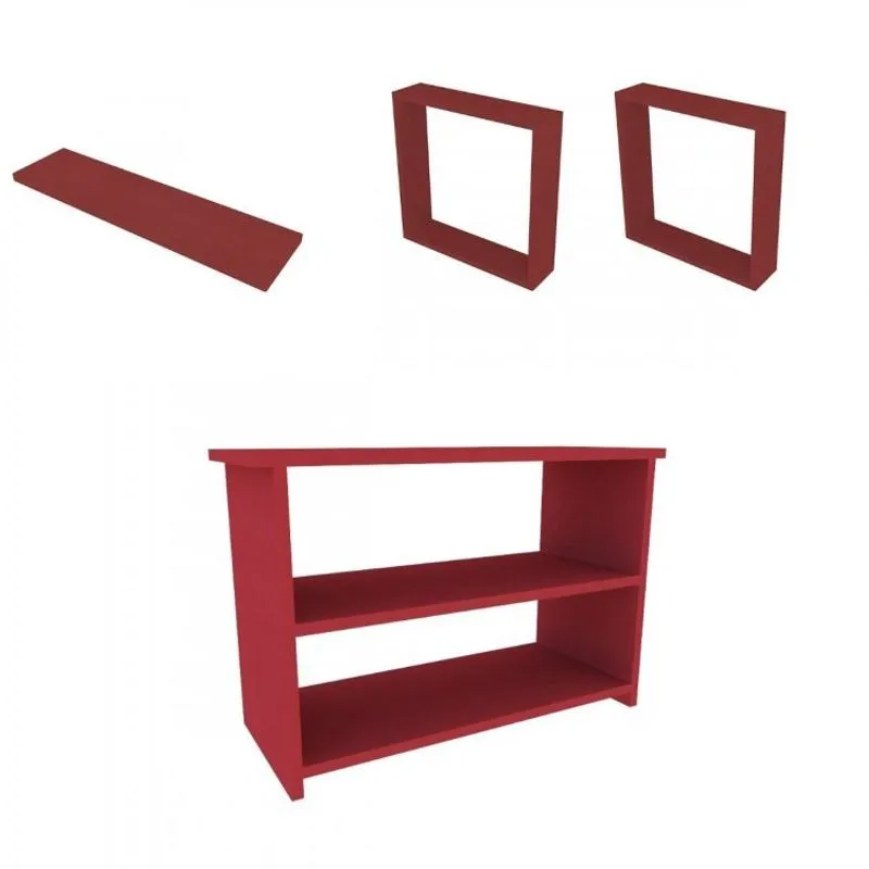 Conjunto com 1 Banco, 1 Prateleira e 2 Nichos Pullen Bramov Móveis Vermelho