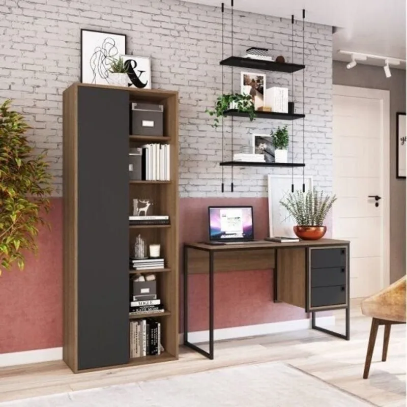 Conjunto 2 Peças com Estante Livreiro e Escrivaninha 3 Gavetas Marrom/Grafite/Mel Grafite/Mel