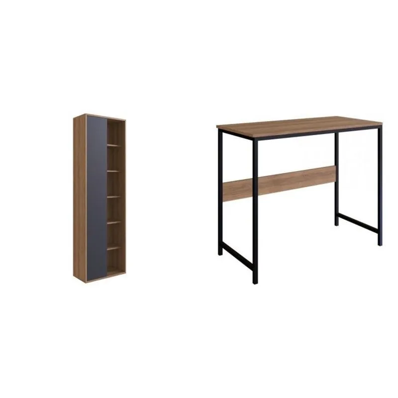 Conjunto Home Office Livreiro 1 Porta 5 Prateleiras e Escrivaninha Placa e Ponto Grafite/Mel
