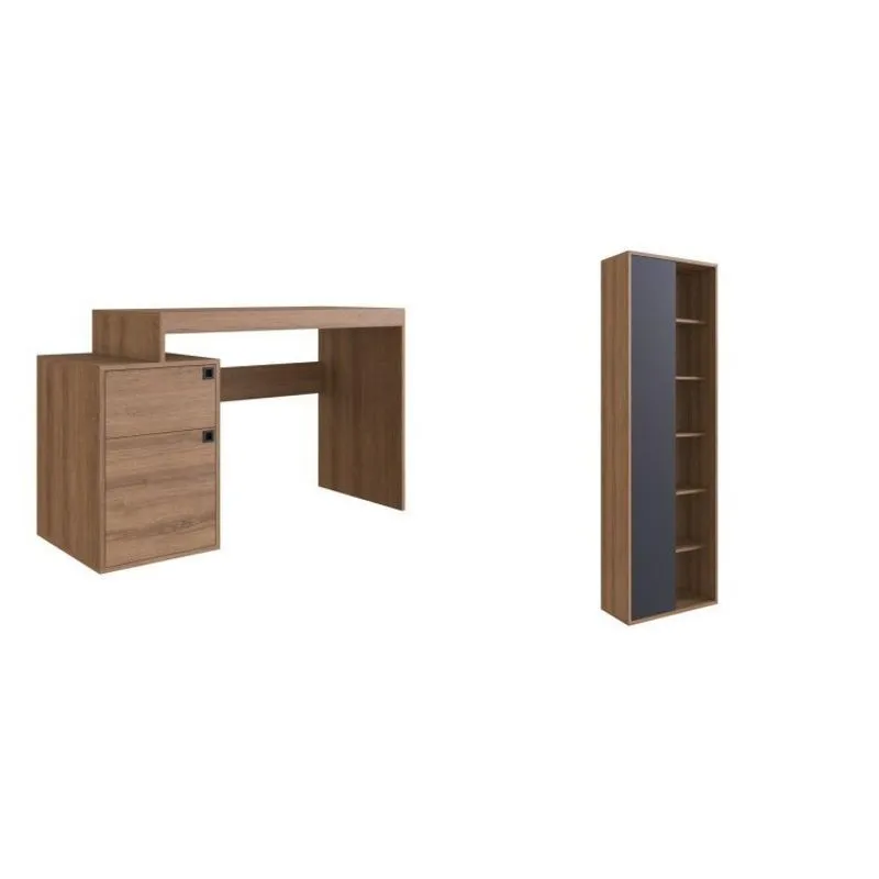 Conjunto home Office Livreiro 1 Porta e 5 Prateleiras e Escrivaninha 1 Porta e 1 Gaveta Placa e Ponto Mel/Grafite