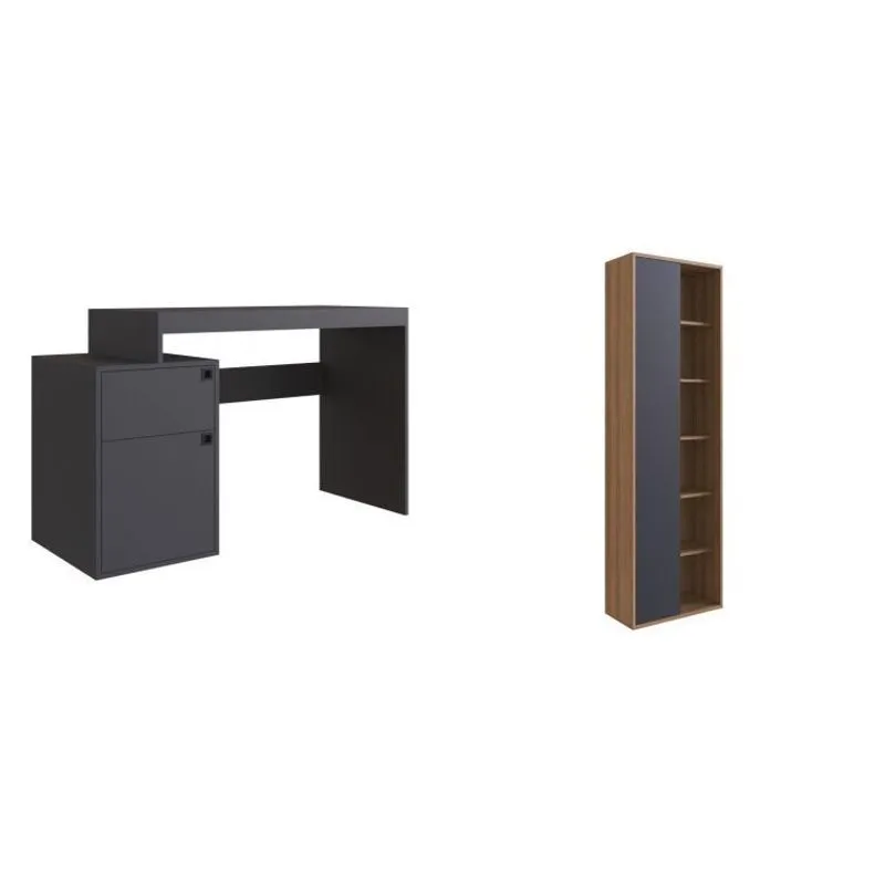 Conjunto Home Office Livreiro 1 Porta 5 Prateleiras e Escrivaninha 1 Porta e 1 Gaveta Placa e Ponto Grafite/Mel