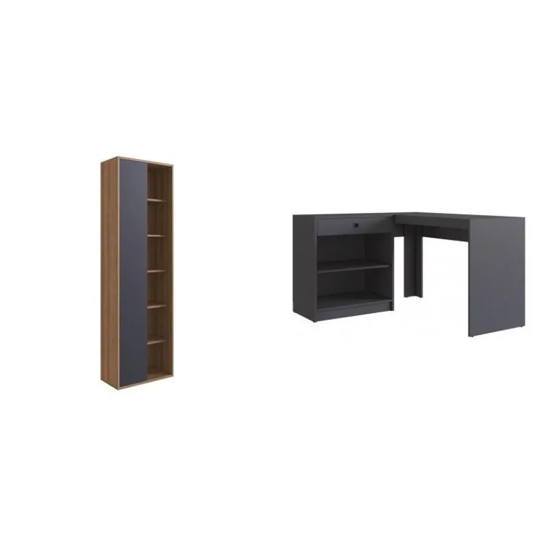 Conjunto Home Office Livreiro 1 Porta 5 Prateleiras e Escrivaninha 2 Portas e 1 Gaveta Placa e Ponto Grafite/Mel