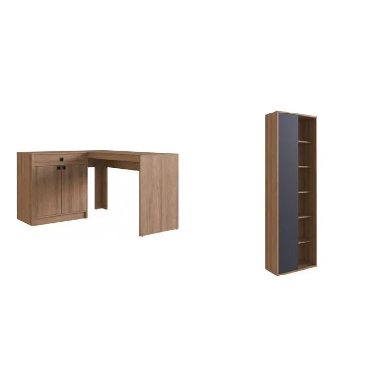 Conjunto Home Office Livreiro 1 Porta 5 Prateleiras e Escrivaninha 2 Portas 1 Gaveta Placa e Ponto Mel/Grafite