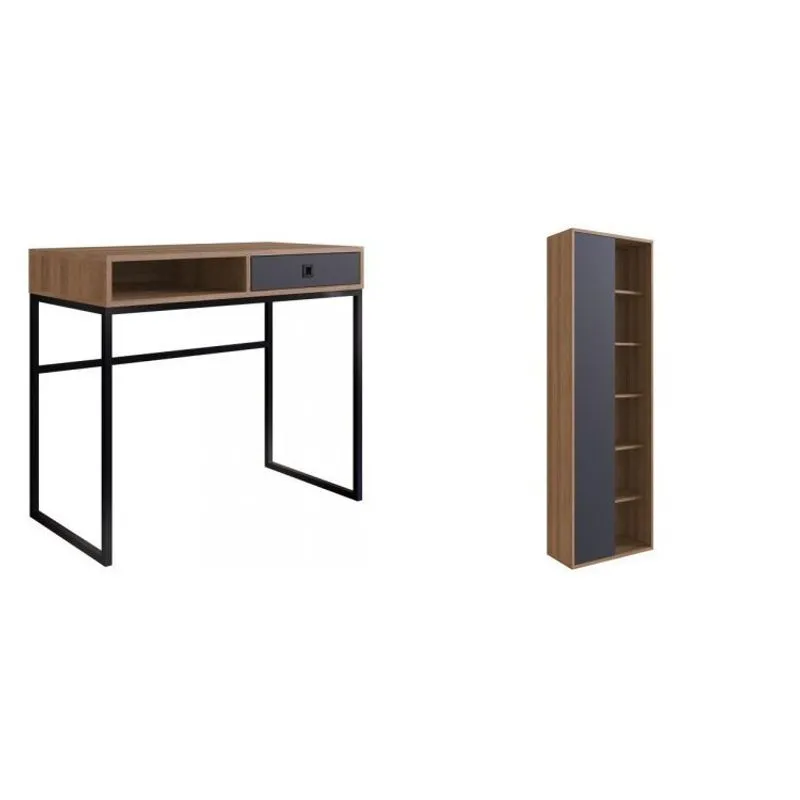 Conjunto Home Office Livreiro 1 Porta 5 Prateleiras e Escrivaninha 1 Gaveta Placa e Ponto Mel/Grafite