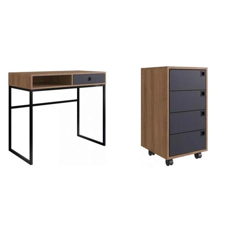Conjunto Home Office Gaveteiro 4 Gavetas e Escrivaninha 1 Gaveta Placa e Ponto Mel/Grafite