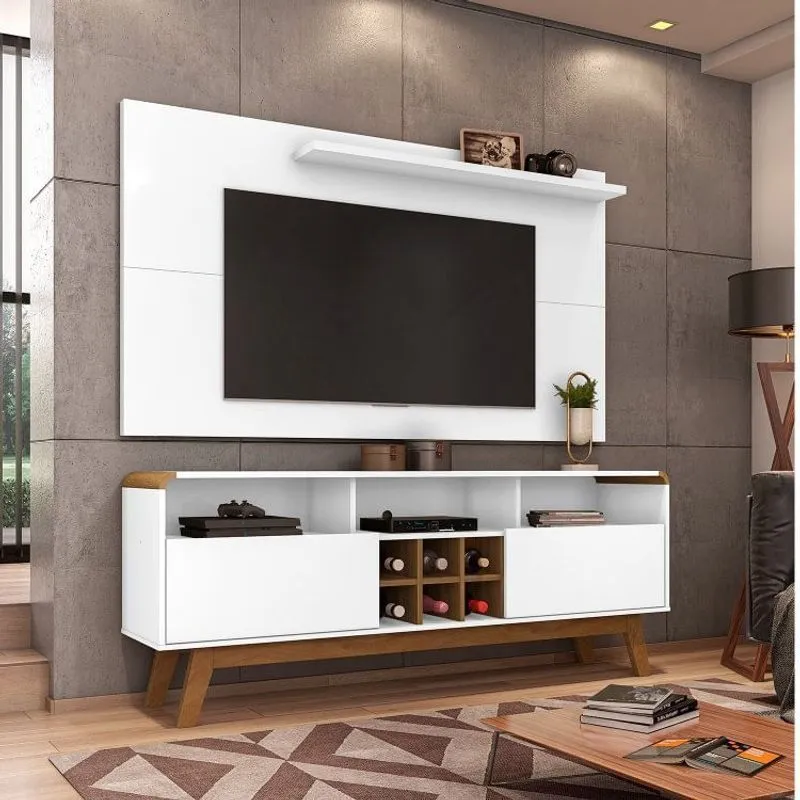 Rack Larimar com Painel para TV até 50 Polegadas Pés de Madeira Maciça Móveis Bechara Branco/Cinamomo