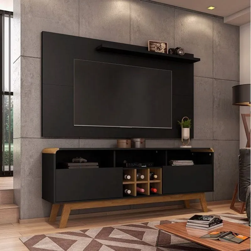 Rack Larimar com Painel para TV até 50 Polegadas Pés de Madeira Maciça Móveis Bechara Preto Fosco/Cinamomo