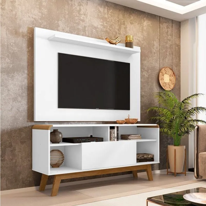 Rack Lazuli com Painel Kenzo para TV até 50 Polegadas Pés de Madeira Maciça Móveis Bechara Branco