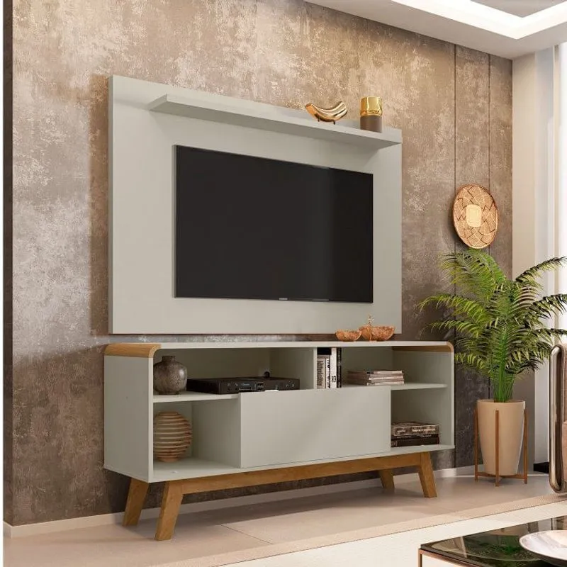 Rack Lazuli com Painel Kenzo para TV até 50 Polegadas Pés de Madeira Maciça Móveis Bechara Off-White