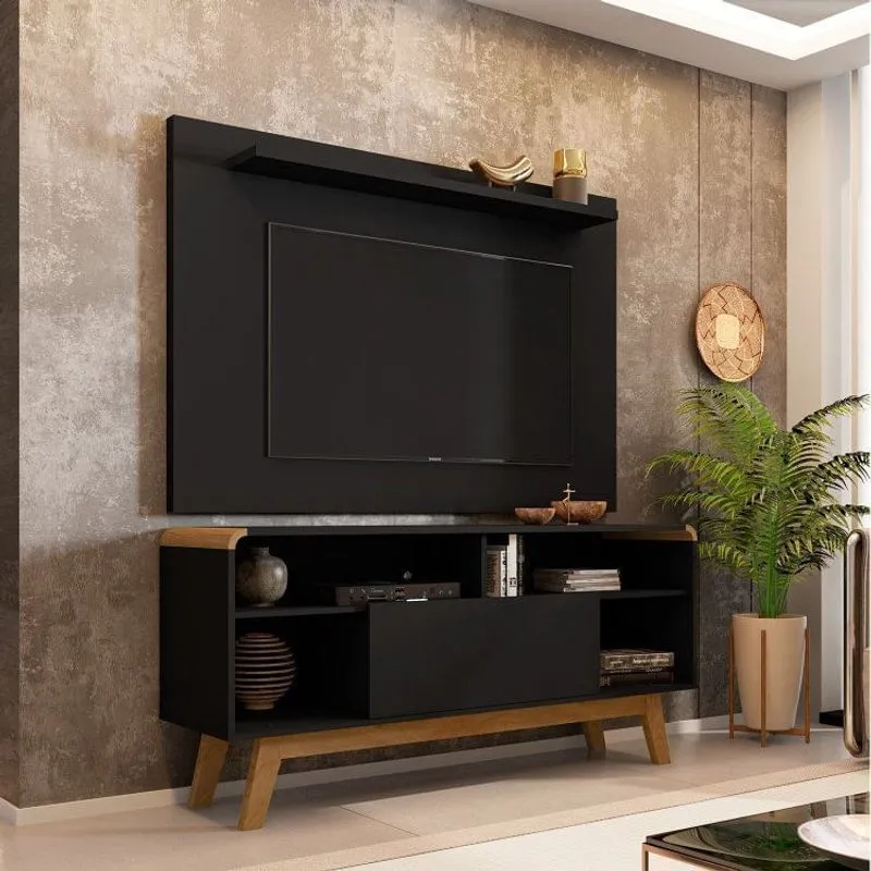 Rack Lazuli com Painel Kenzo para TV até 50 Polegadas Pés de Madeira Maciça Móveis Bechara Preto Fosco