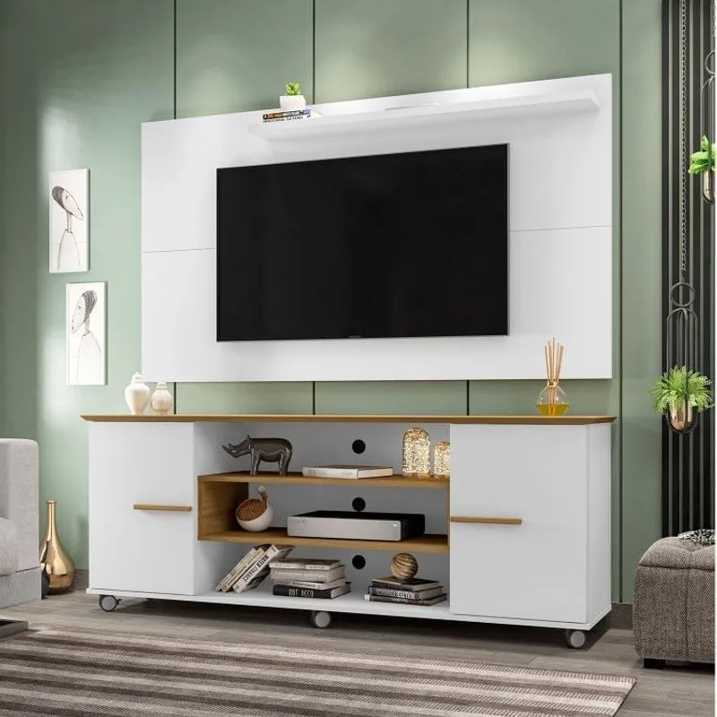 Rack Odeon com Painel para TV até 50 Polegadas com Rodízios e 2 Portas Móveis Bechara Cinamomo/Branco