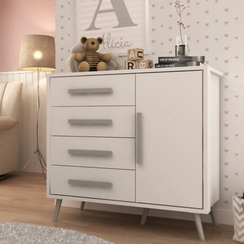 Cômoda 1 Porta 4 Gavetas Pés Retrô Puxador Perfil Classic Multimóveis Branco/Cinza