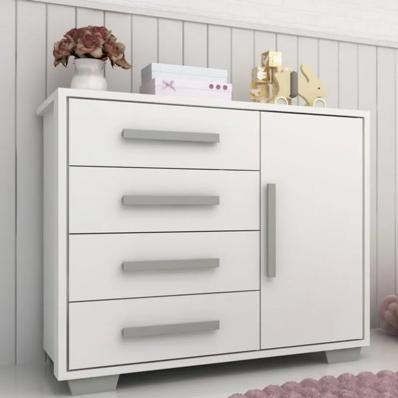 Cômoda 1 Porta 4 Gavetas Puxador Perfil Sweet Multimóveis Branco/Cinza