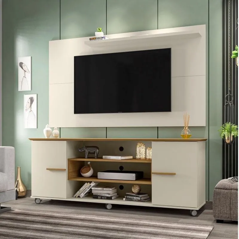 Rack Odeon com Painel para TV até 50 Polegadas com Rodízios e 2 Portas Móveis Bechara Cinamomo/Off-White