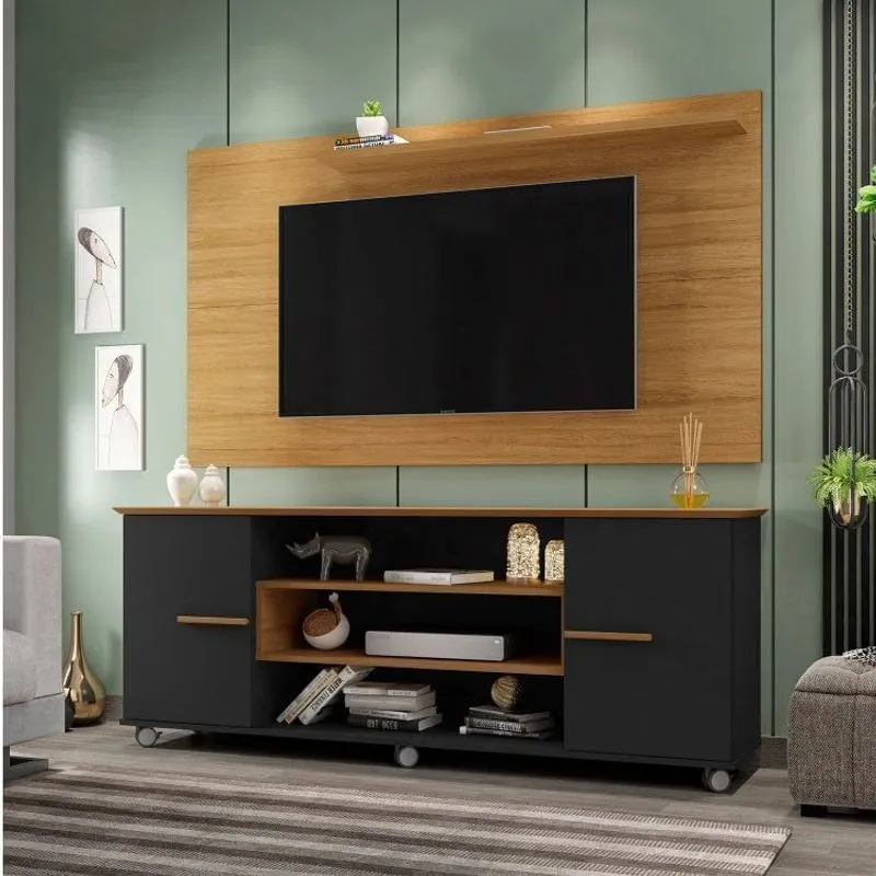Rack Odeon com Painel para TV até 50 Polegadas com Rodízios e 2 Portas Móveis Bechara Cinamomo/Preto Fosco