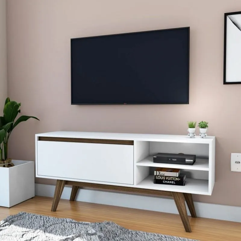 Rack 125cm 1 Porta Basculante e Pé Inclinado de Madeira Estilare Móveis Branco