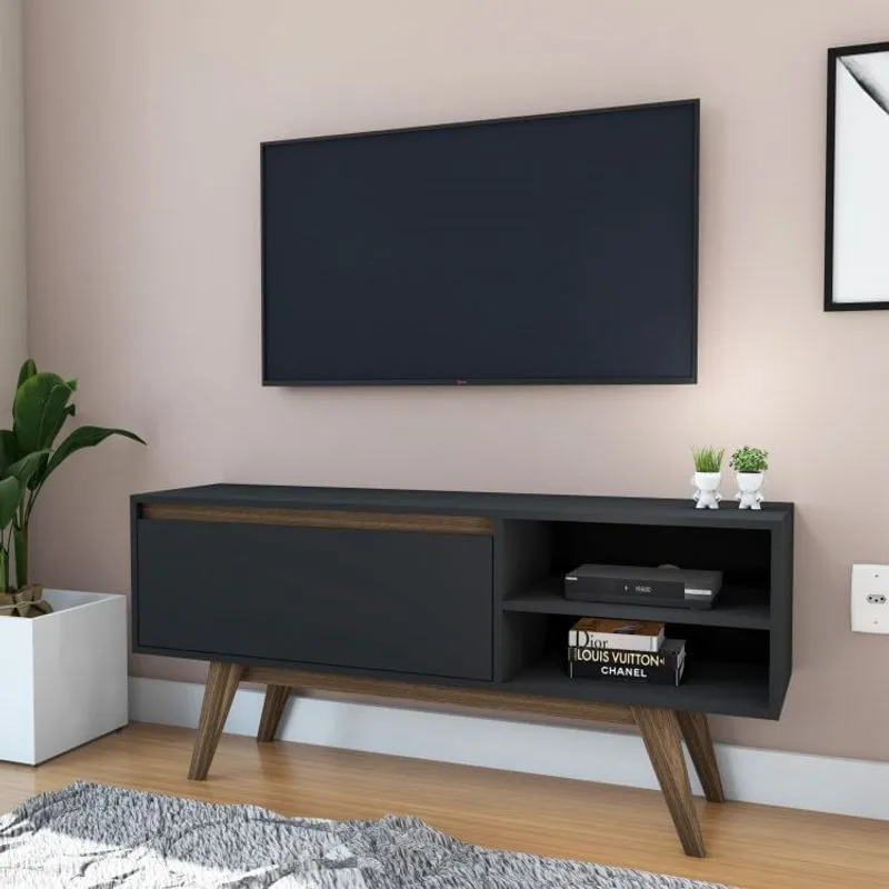 Rack 125cm 1 Porta Basculante e Pé Inclinado de Madeira Estilare Móveis Preto