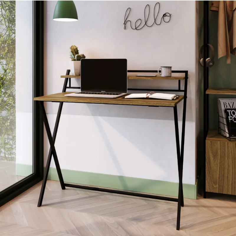 Escrivaninha Mesa Escritório Dobrável SW014 1 Prateleira 93cm Preto e Noce Oro Marrom preto/noce oro