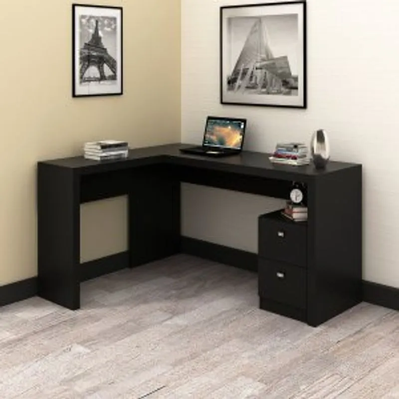 Mesa Para Escritório Em L 2 Gavetas Me4129 Tecno Mobili Preto