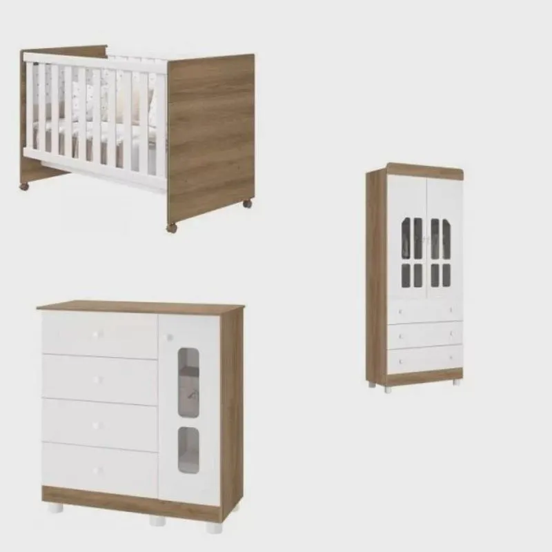 Quarto de Bebê com Berço, Guarda-Roupa 2 Portas 3 Gavetas e Cômoda Sapateira Katatau Móveis
