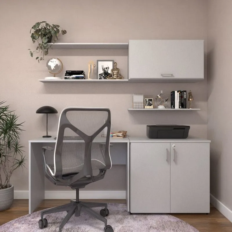 Conjunto De Mesa Com Armário De Escritório, Armário Aéreo E 3 Prateleiras 170cm Cinza Cristal Cinza Cristal