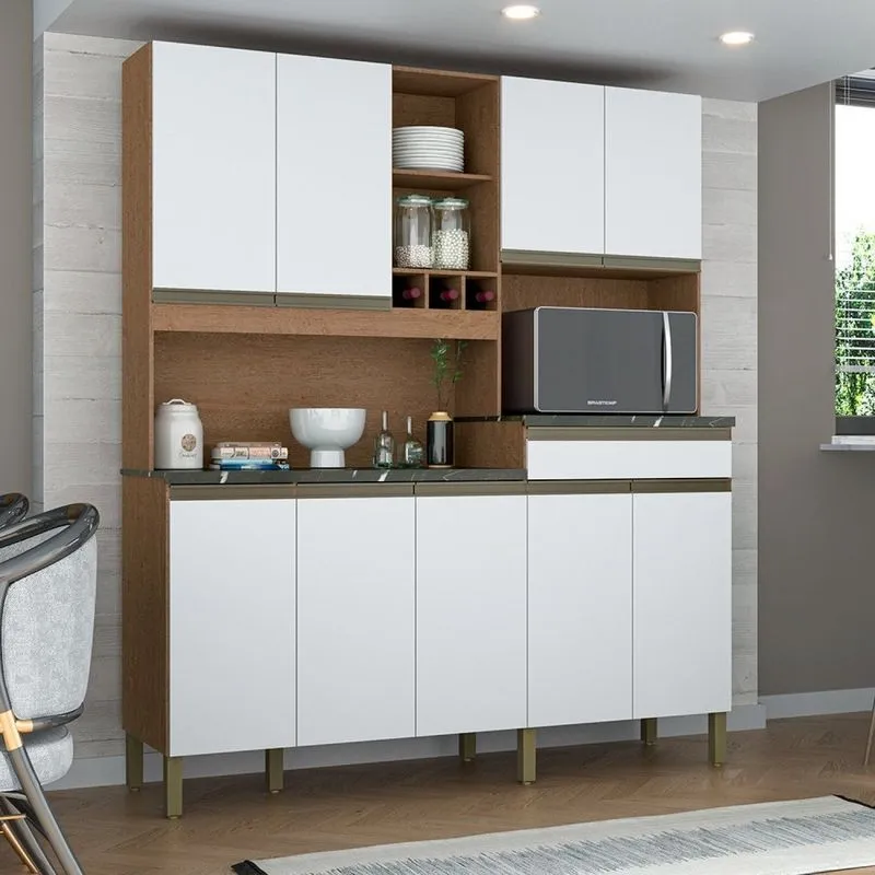Cozinha Compacta Com 9 Portas 1 Gaveta E Espaço Para Micro-ondas 100% Mdf Roma Castanho/branco