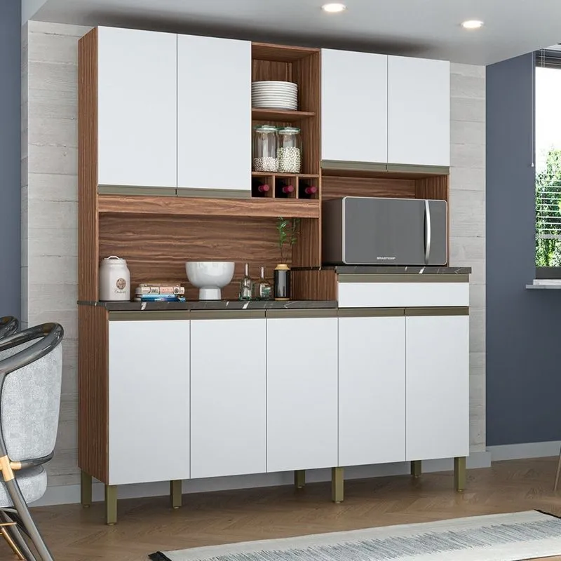 Armário De Cozinha 9 Portas 1 Gaveta Com Espaço Para Micro-ondas 100% Mdf Roma Espresso Móveis Sevilha/branco