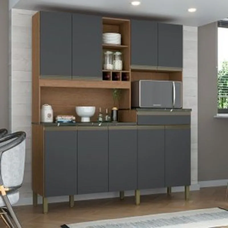 Armário Para Cozinha 9 Portas 1 Gaveta Em Mdf Puxador Perfil Roma Espresso Móveis Castanho/chumbo