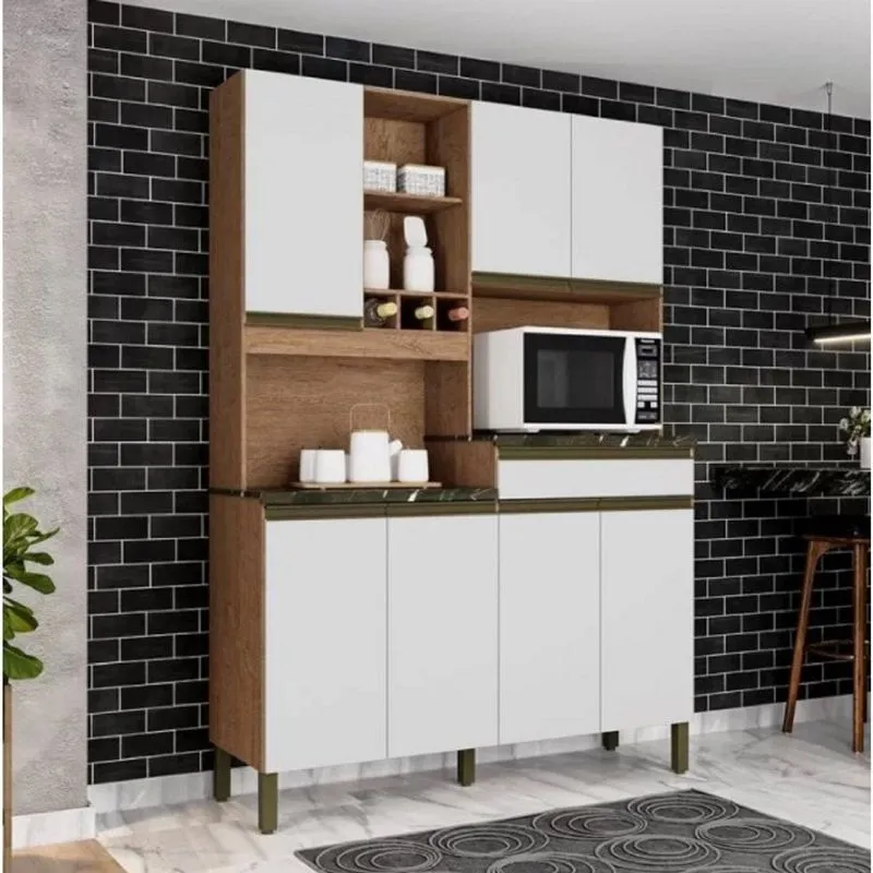 Cozinha Compacta Com 7 Portas 1 Gaveta E Espaço Para Micro-ondas 100% Mdf Grécia Perfil Castanho/branco