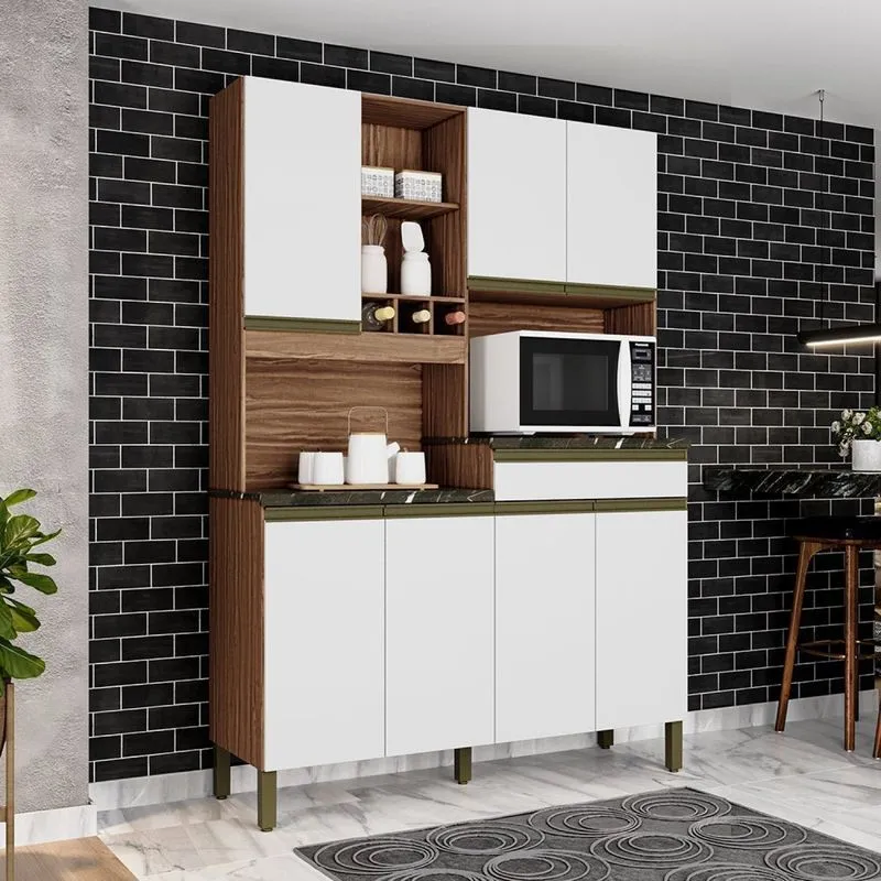 Armário Para Cozinha 7 Portas 1 Gaveta Em Mdf Puxador Perfil Grécia Espresso Móveis Sevilha/branco