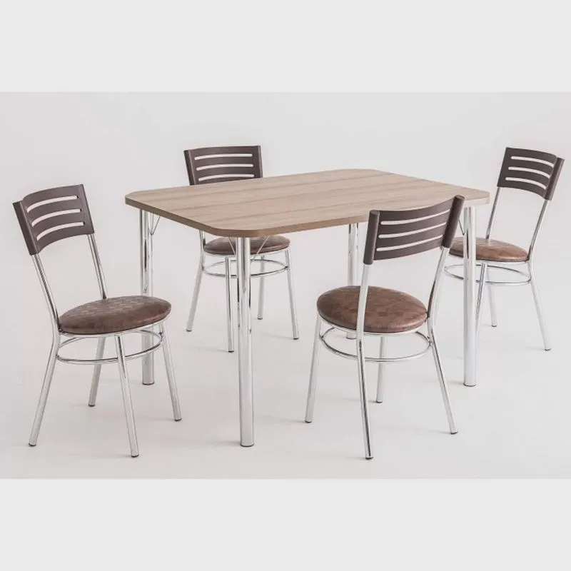 Conjunto Cromado Mesa Retangular 4101 Tampo Madeirado com 4 Cadeiras 434 Assento Estofado