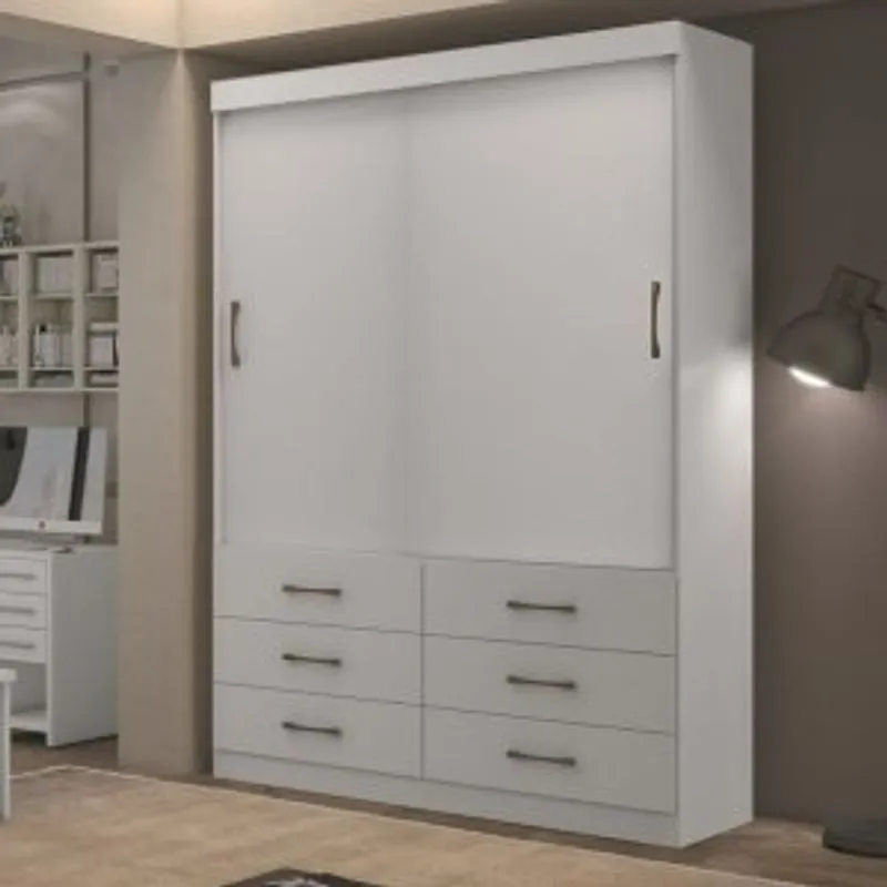 Guarda Roupa Solteiro 2 Portas De Correr 6 Gavetas Turim Bianchi Móveis Branco