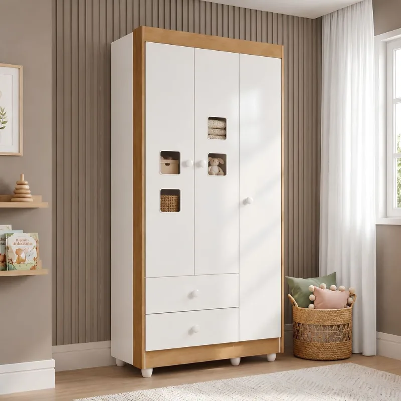 Guarda Roupa de Bebê 100% MDF 3 Portas 2 Gavetas Life Branco/Flex Color/Ypê Flex Color Branco/Ypê/Branco