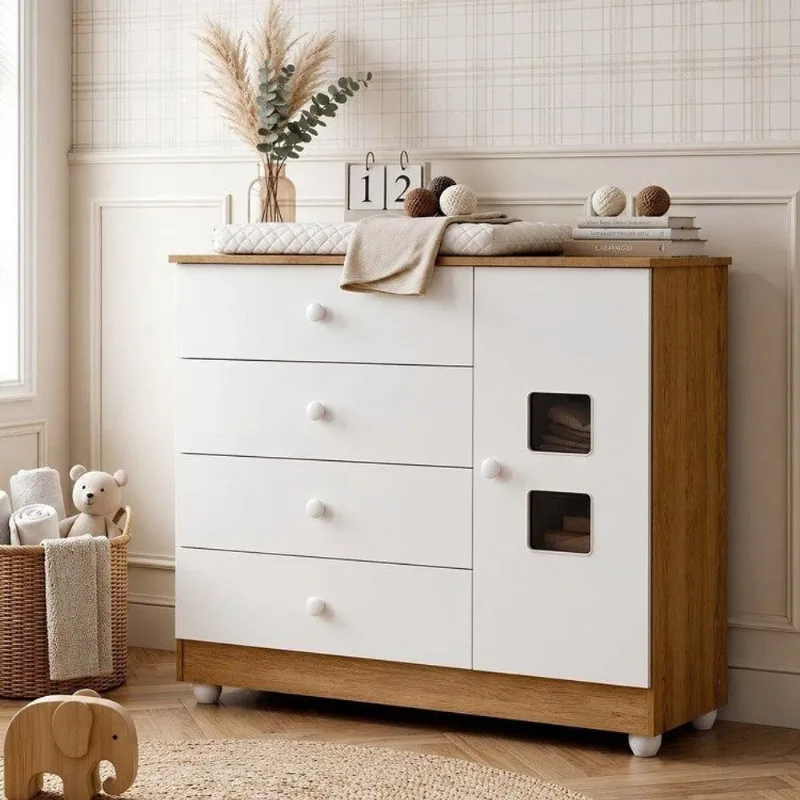Cômoda de Bebê 100% MDF 1 Porta 4 Gavetas Life Branco/Madeirado Ypê Branco/Madeirado Ypê