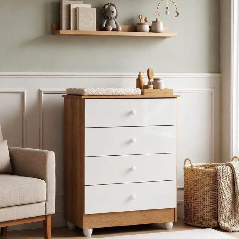 Cômoda de Bebê 100% MDF 4 Gavetas Soft Life Branco/Madeirado Ypê Branco/Madeirado Ypê