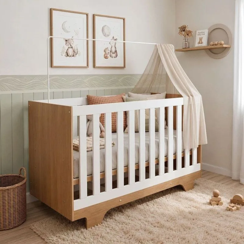 Berço Mini Cama 100% MDF Life 3 Níveis de Altura Branco/Madeirado Ypê