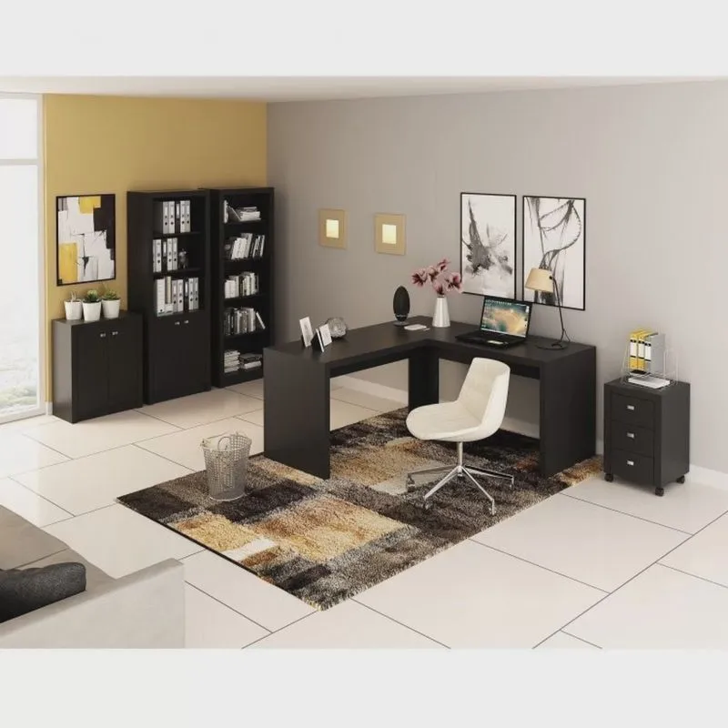 Kit 5 Peças com Mesa em l, Armário Alto, Gaveteiro, Estante e Armário Baixo Espresso Móveis