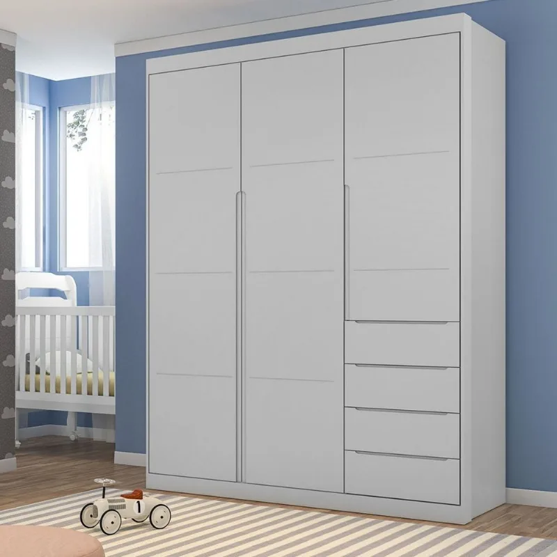 Guarda-Roupa Infantil 3 Portas e 4 Gavetas 220cm Pérola Cinza Cinza