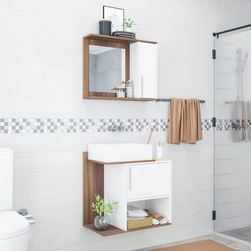 Conjunto 2 Portas 1 Espelho Banheiro Brv Móveis Castanho/Branco