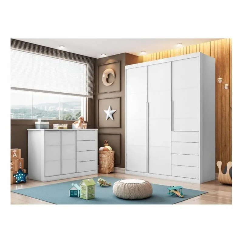 Conjunto Quarto Infantil com Guarda-Roupa 3 Portas 4 Gavetas e Cômoda Pérola Branco Acetinado