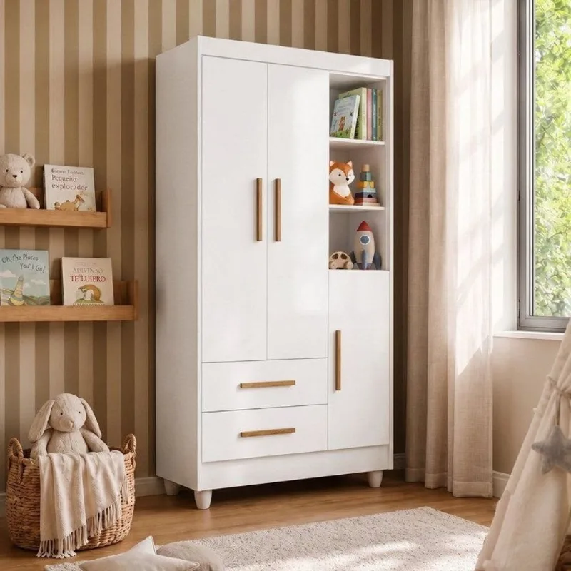 Guarda Roupa Infantil 100% MDF Flocos 3 Portas 2 Gavetas Branco/Flex Color/Ypê Flex Color Branco/Ypê/Branco