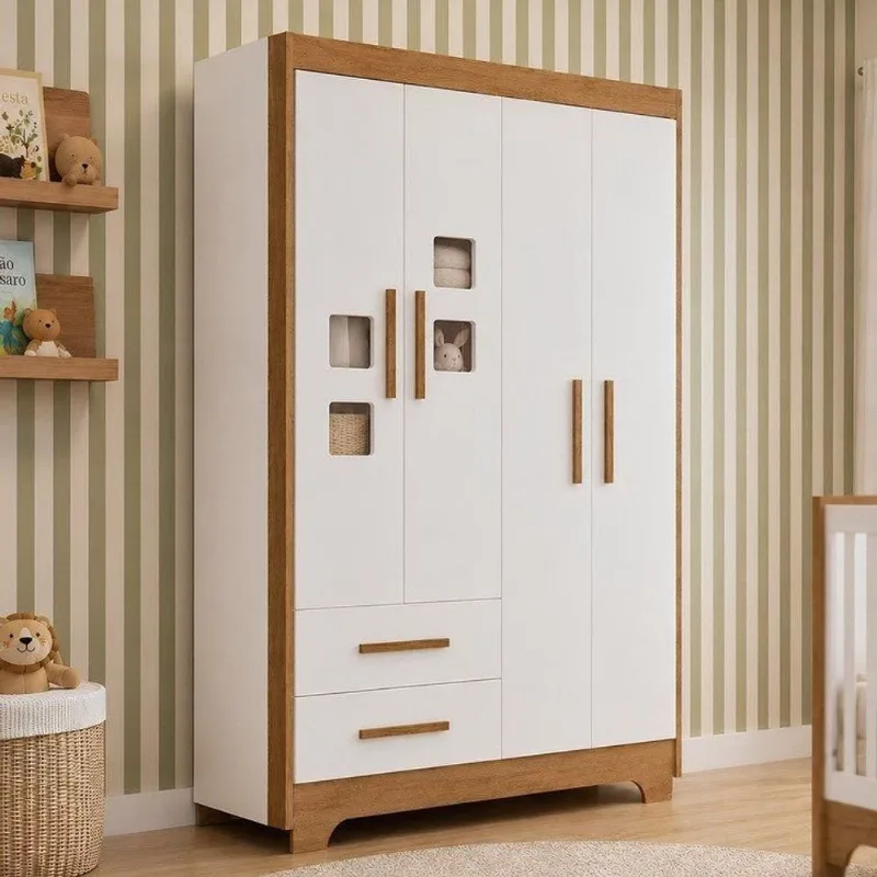 Guarda Roupa de Bebê 100% MDF 4 Portas 2 Gavetas Fly Branco/Flex Color/Ypê Flex Color Branco/Ypê/Branco