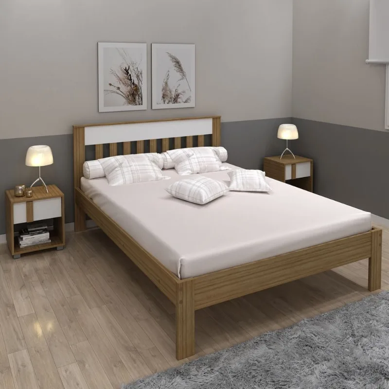 Cama de Casal Bege/Amêndoa/Branco Amêndoa/Branco
