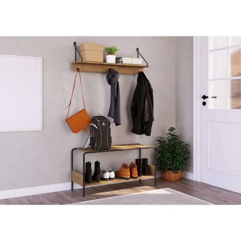 Prateleira Decorativa Multiuso com 3 Ganchos Industrial Marrom Vermont/Preto